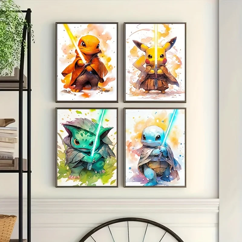 4Pcs Cartoon Anime Pokemon Soldier Pikachu Squirtle Bulbasaur Charmander Poster Wall Art Prints Canvas Painting Wall Home Decor