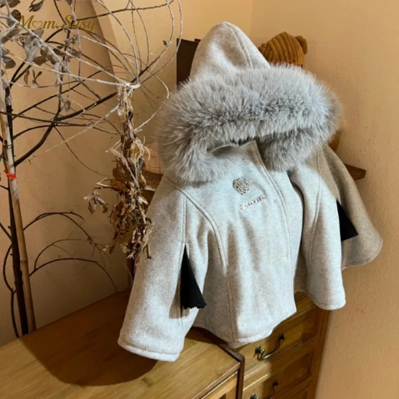 Fashion Baby Girl Princess Fur Hoode Cloak Winter Infant Toddler Child Warm Cape Kid Grey Outwear Thick Baby Clothes 1-7Y