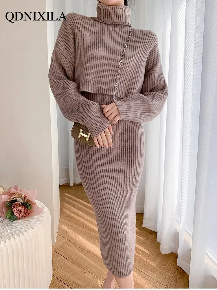 Small Knitted Dress for Ladies, Sweater and Skirt, Pullover, Korean Version, Autumn and Winter, 2-Piece