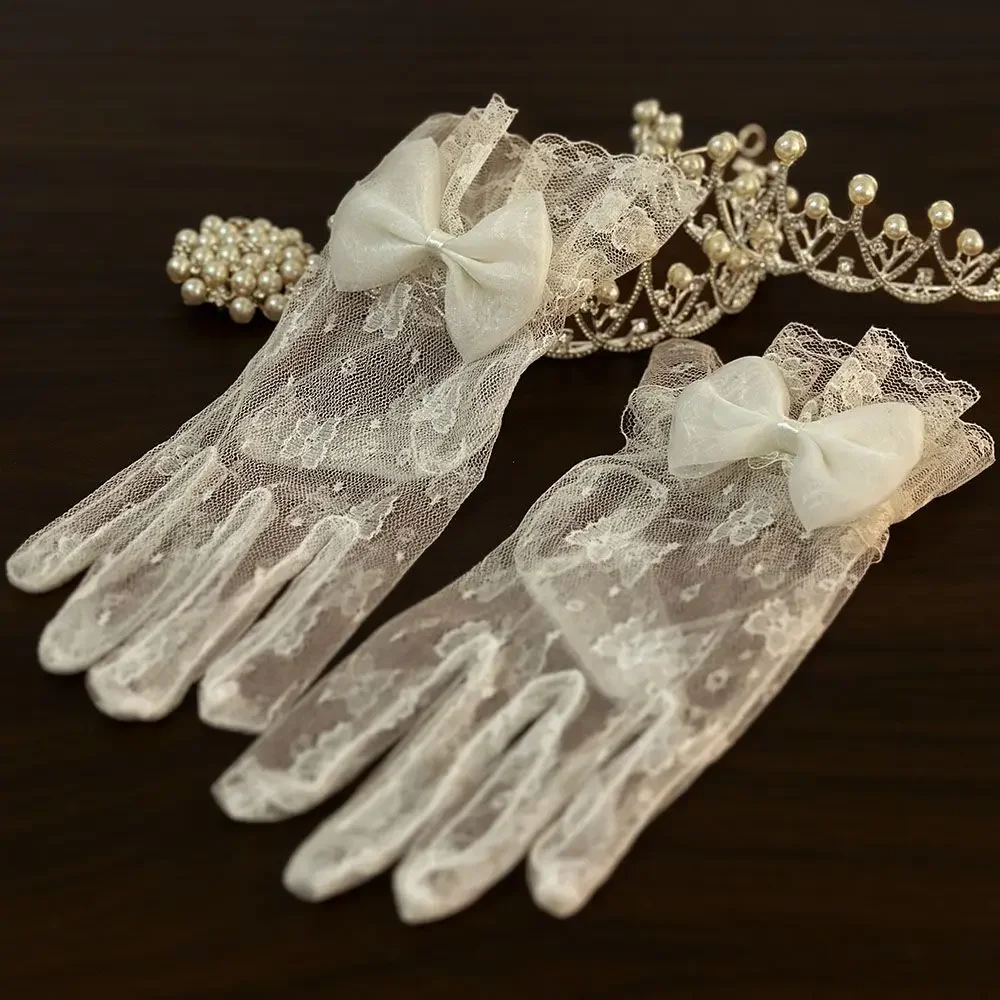 Bridal Dress Gloves Vintage Lace White Mesh Bow Knot Pearl Wedding Dress License Photo Gloves