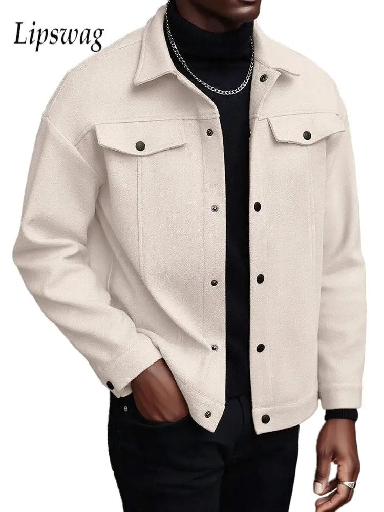 

Осень-зима 2024, повседневные шерстяные куртки, мужские винтажные пальто-карго на пуговицах с несколькими карманами, мужские модные однотонные куртки с лацканами, пальто