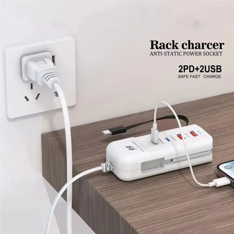 AEE7-66W PD Fast Charging Wall USB Chargers USB Hub Adapter 4 Ports USB Type C Extension Type C Cable Socket Outlet EU Plug