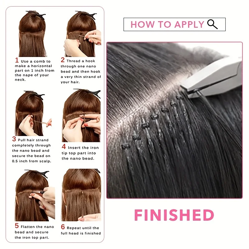 نانو حبة وصلات شعر شعر الإنسان الطبيعي 12-20 بوصة نانو تلميح وصلات شعر شعر بشري حقيقي جيت أسود نانو حلقة الشعر 30 جرام #6