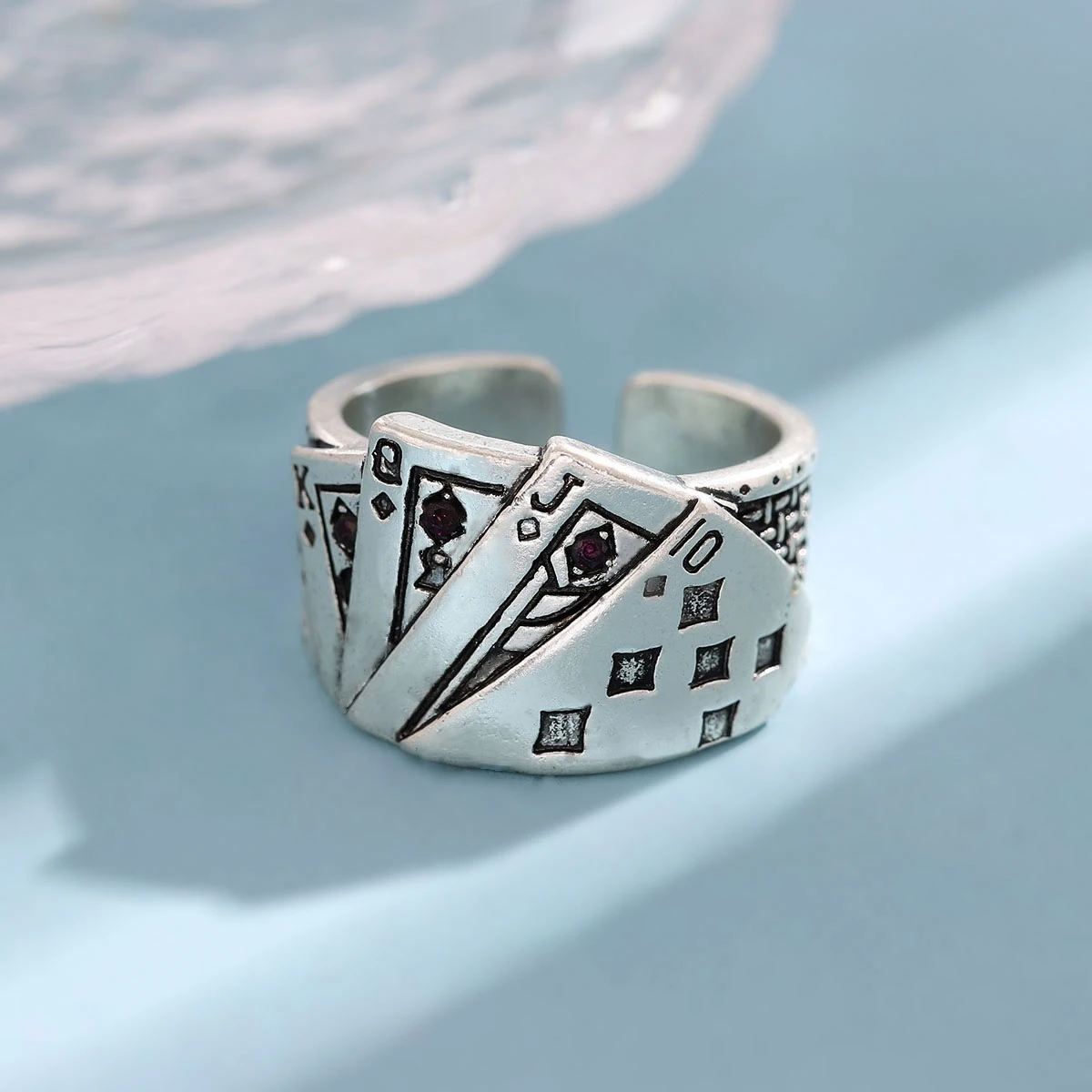 Creative Straight Flush Playing Card 925 Sterling Silver Jewelry Personality Domineering Retro Geometric Opening Rings   R291