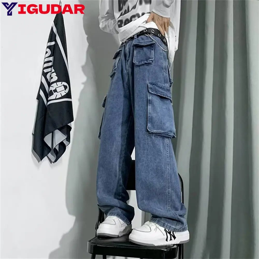 Y2K Style Multi-pocket Tooling Jeans Men's American Retro Street Harajuku Trousers Washed Mopping Pants Youth Clothing men jeans