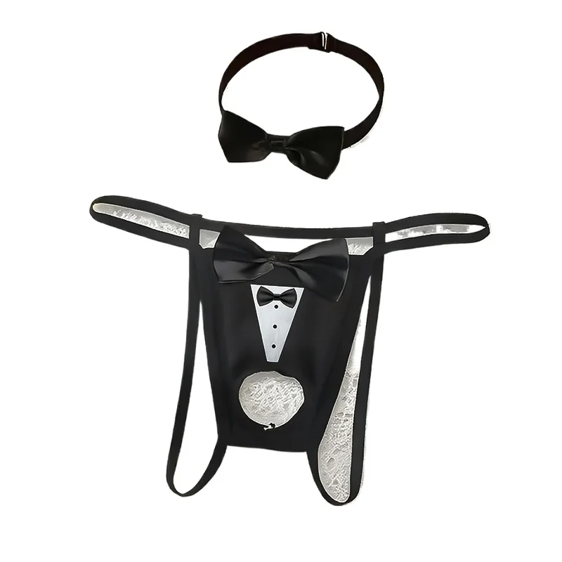 Men's black underwear sexy bow tie thong hollowed out with bow collar decoration set, 2-piece set