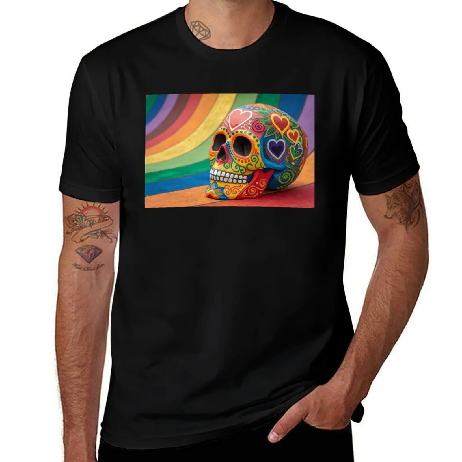 

A vibrant, rainbow-colored sugar skull with intricate patterns T-Shirt cheap stuff Short sleeve tee graphic shirts Men's t-shirt