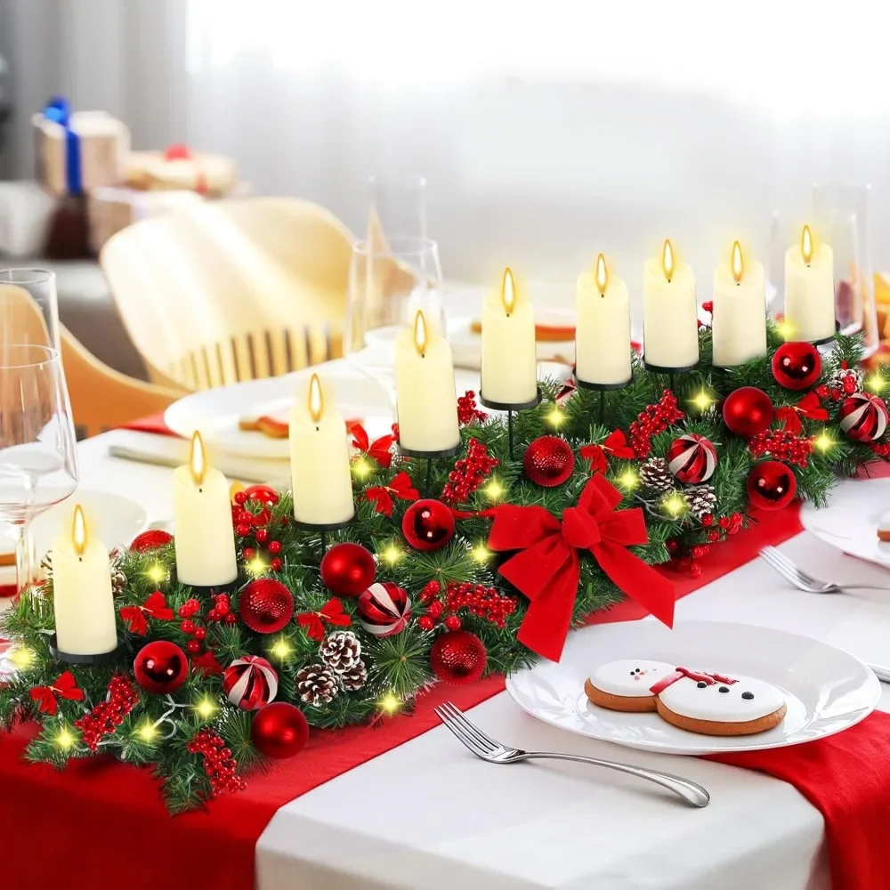 

Beautiful Christmas Tabletop Centerpiece with 9 Candle Red Bow Holder