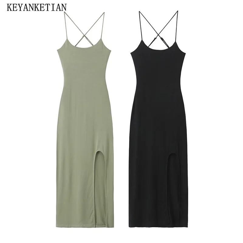 

KEYANKETIAN 2024 New Launch Women's Modal Solid color Halter Dress Inner Style Cross Spaghetti Strap Slim Slit Sexy MIDI Dresses