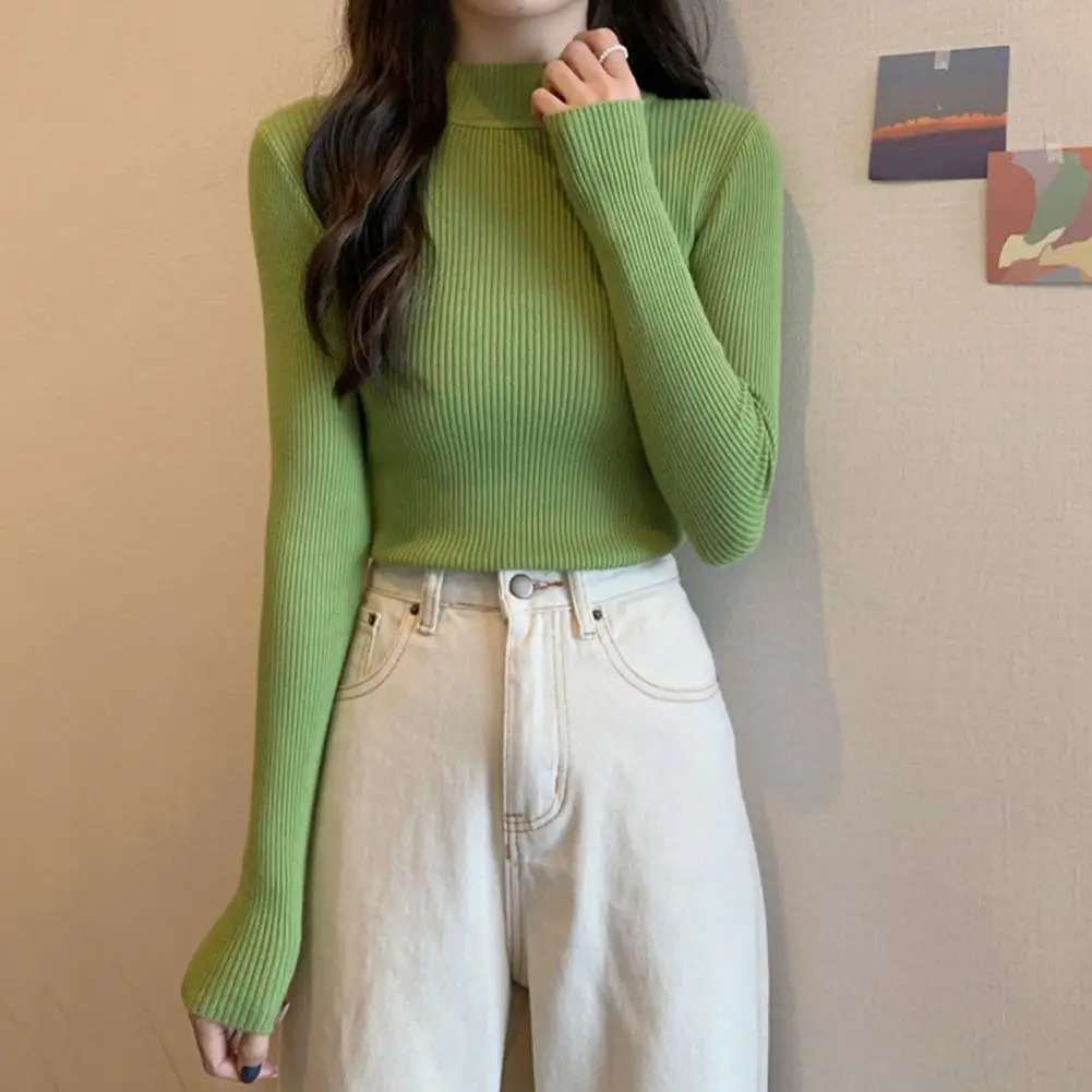 

Women Top Half-high Collar Knitted Elastic Slim Fit Pullover Soft Warm Long Sleeve Casual Lady Sweater Basic Blouse