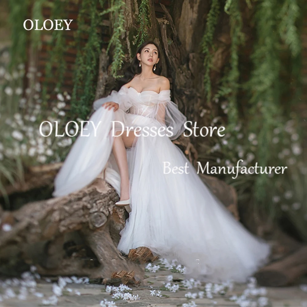 OLOEY Sweetheart Ivory A Line Wedding Dress Korea Photoshoot High Slit Bridal Gown With Detachable Bolero Floor Length Custom