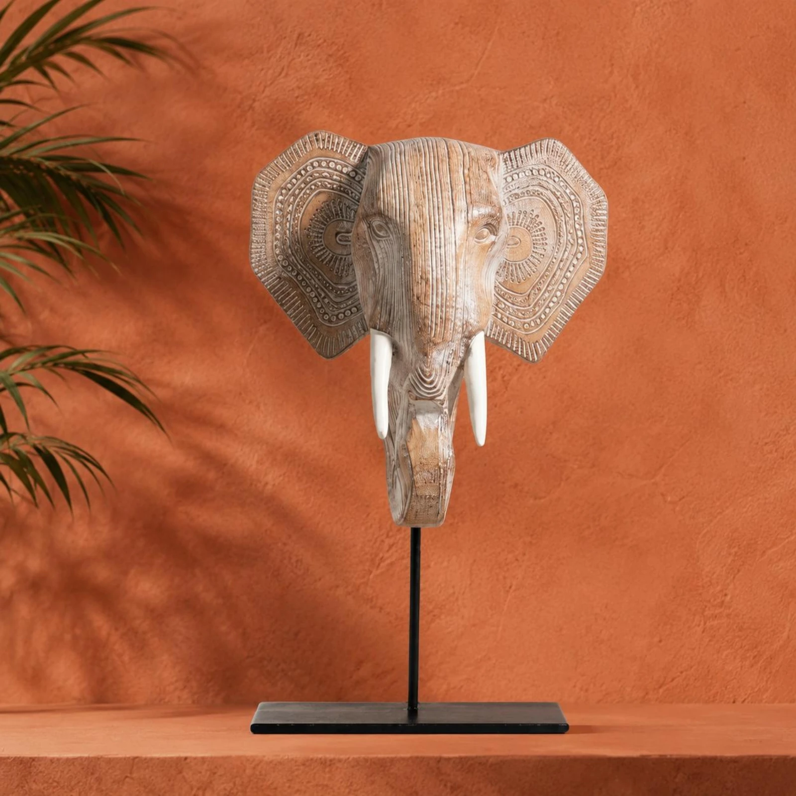Elephant Head Sculpture Wood-Grain Finish Elephant Statue Decorative Item Patterned Ears Home Decor Visible Tusks