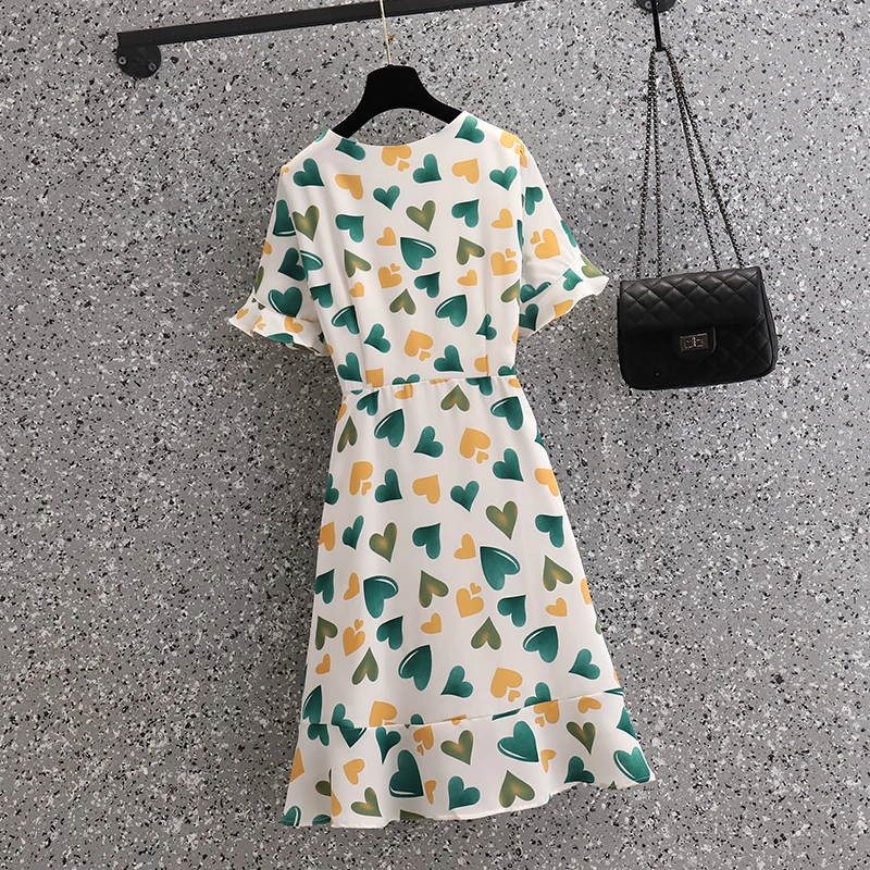 Knee-length Dresses For Women Summer Female V Neck Short Sleeve Large Size Elegant Love Printed Ruffle Bandage Polyester Vestido