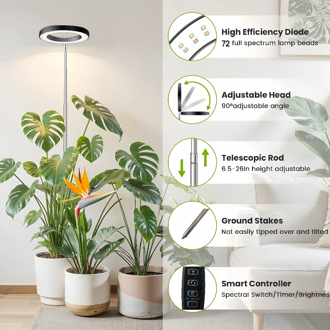 Full Spectrum LED Grow Light for Large Indoor Potted Plants, Height Adjustable with Auto On/Off Timer, 5V USB Grow Lamp 2 Pack