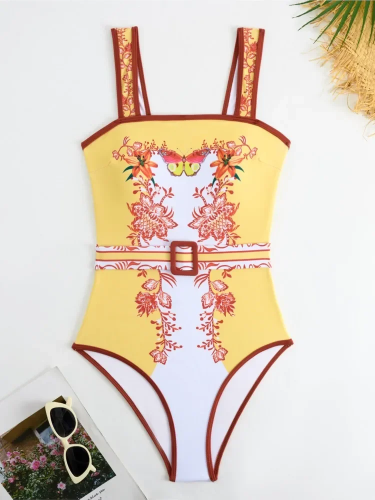 Retro Bikini Printed Fashion One Piece Swimsuit And Cover Up With Skirt Tight Women's Bandage Summer Beach Luxury Elegant