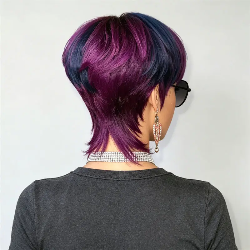 Short Mullet Pixie Cut Wig Brazilian Remy Human Hair 1B Purple Full Machine Made Breathable Cap For Women Party Daily Festival