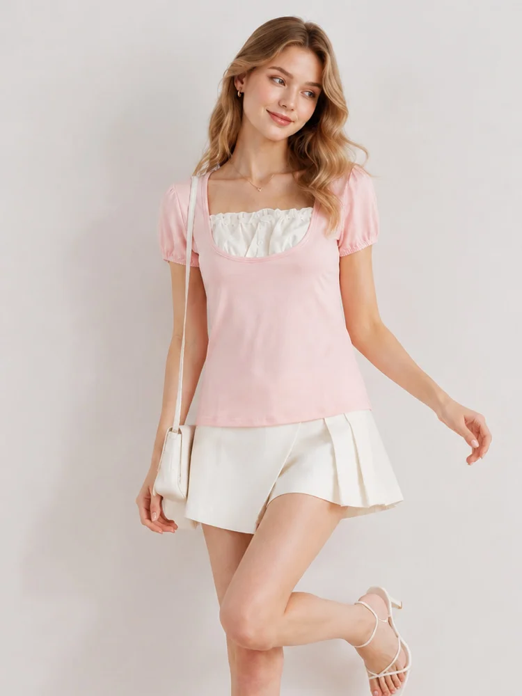 Summer Women Y2K Coquette Cute Sweet Square Neck Puff Short Sleeve Mock Two Piece Ruffle Decor Bodycon Slim Fit Tee T-shirt