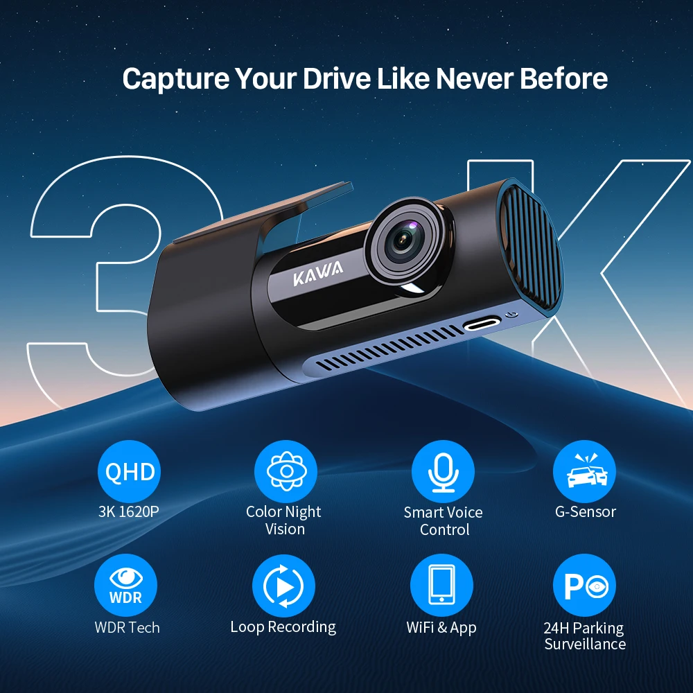 Caméra embarquée KAWA D6 3K pour voiture, enregistreur vidéo DVR avec commande vocale, surveillance de stationnement 24h/24, vision nocturne, version améliorée