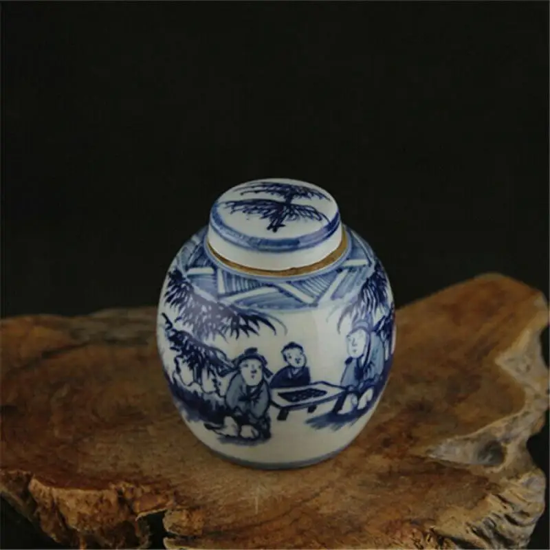 Chinese Blue and White Porcelain Jar Qing Figure Painting Pattern Pot 3.31 Inch