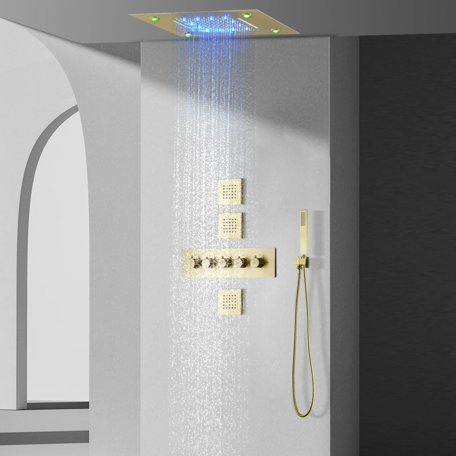 Brass gold 500 * 360mm concealed thermostatic LED shower set bathroom thermostatic shower