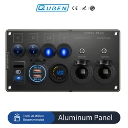 Rocker Switch Multi-Functions Aluminum Panel LED  Switch DC 12V 24V for RV Dual Port USB A QC3.0 PD UAB C Cigarette Lighter