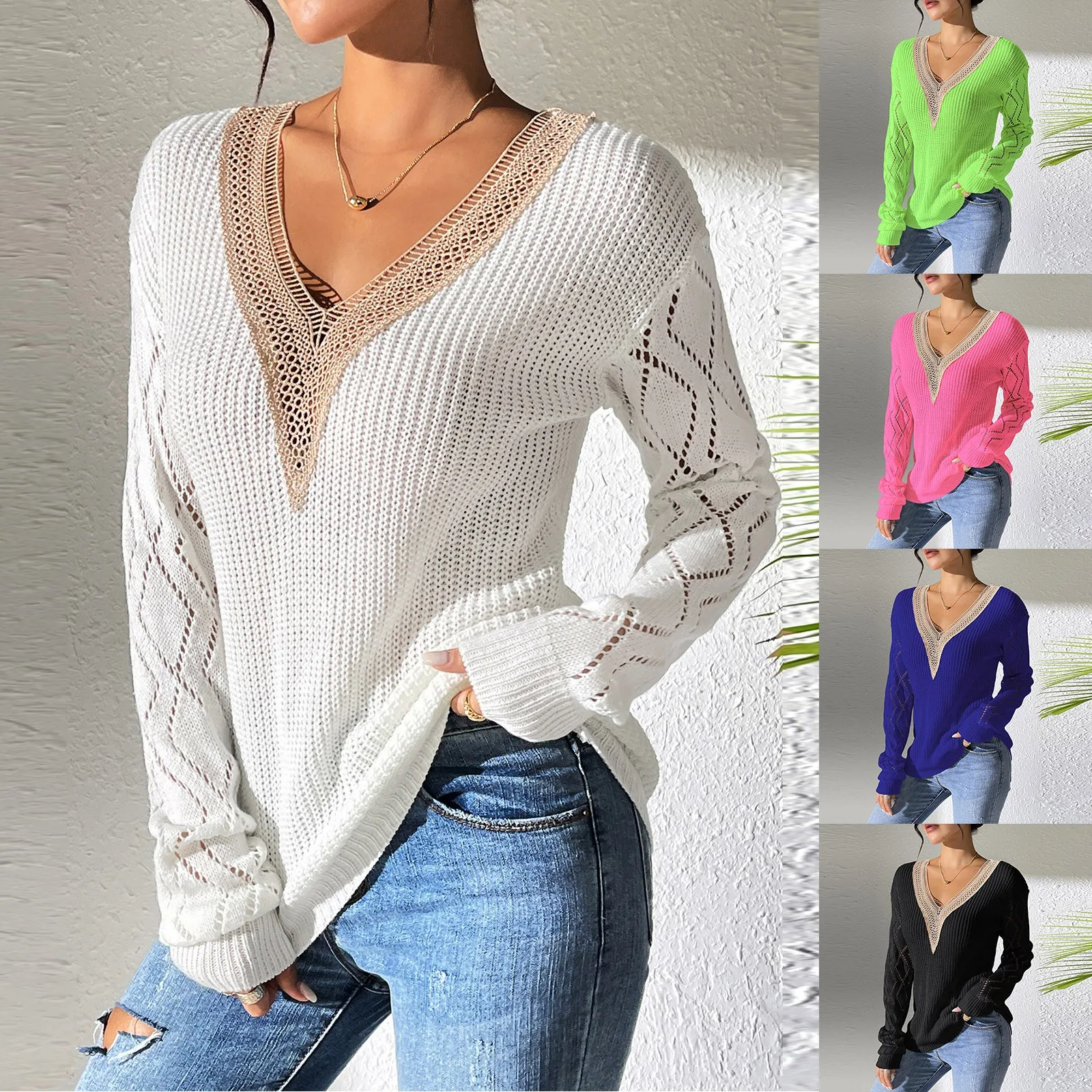 Women'S Autumn New Sweater Tops Fashion Classic Solid Lace V-Neck Patchwork Long Sleeved Pullover Tops Daily Commute Casual Tops