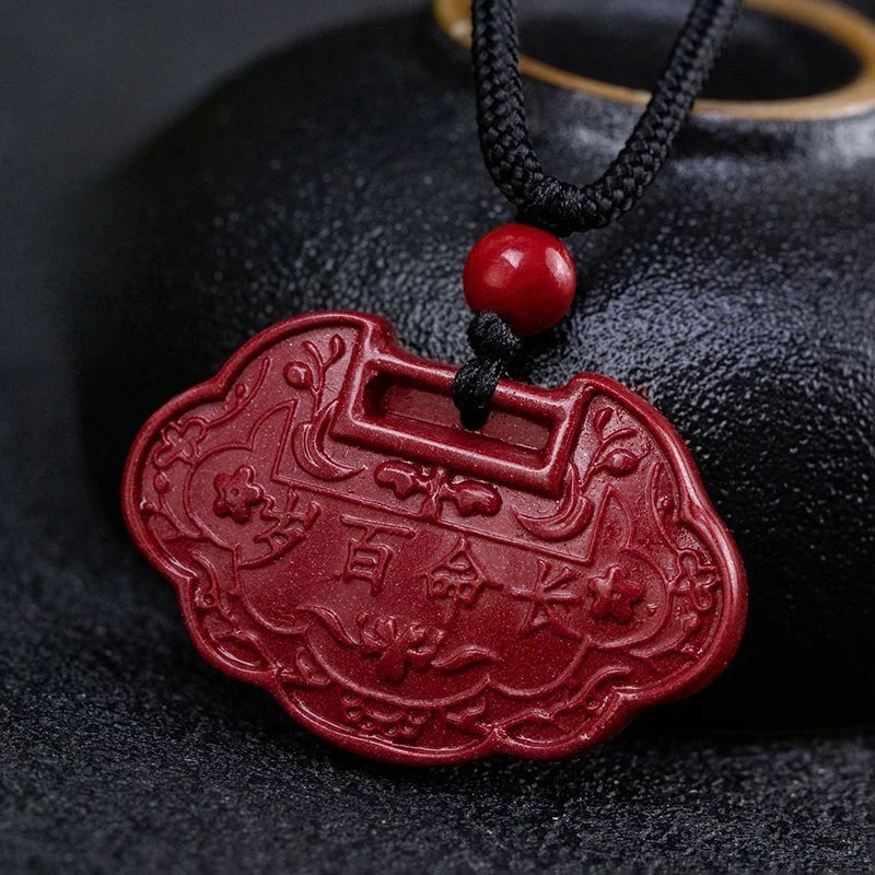 Natural Cinnabar Pendant Ruyi Ping An Long Life Lock Women's Necklace