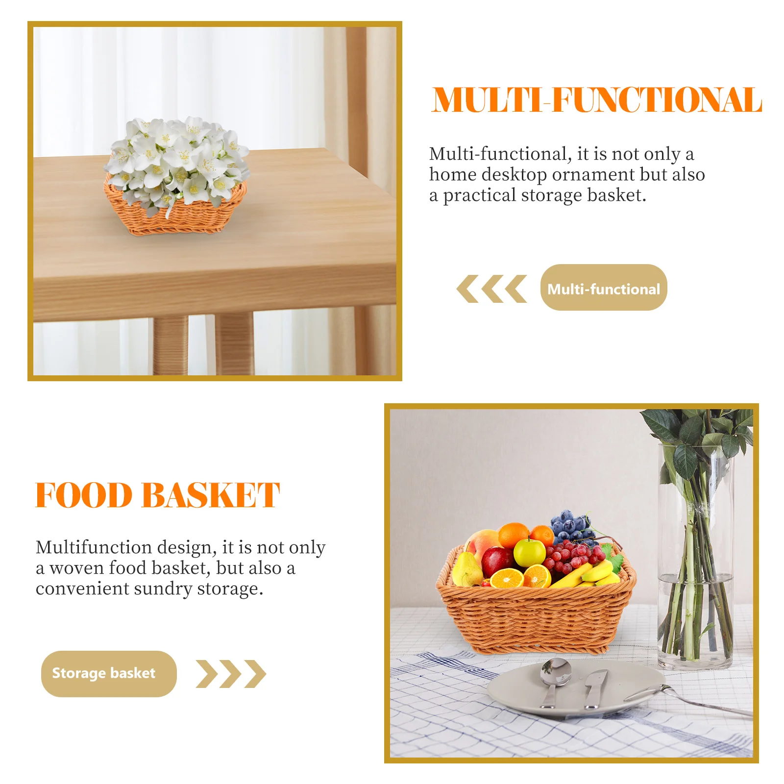 

3pcs Woven Baskets Imitation Rattan Square Shape Household Fruit Snack Storage Bread Plastic Small Multifunctional Natural