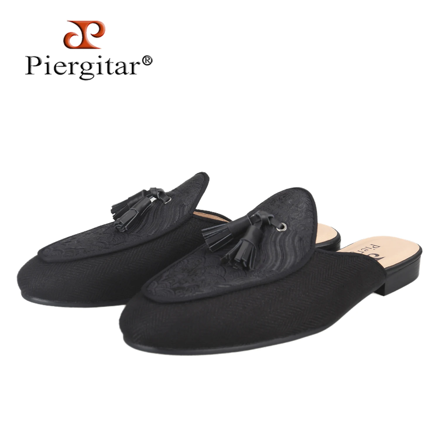 Piergitar New Chinese-Style Black Herringbone Linen Patchwork Sea Pattern Satin Men Mules Fashion Slippers With Leather Tassels
