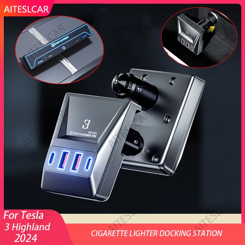 

Cigarette Lighter Expansion Dock for Tesla Model 3 Highland 2024 90W Fast Charging Central Bottom Hide Charger Car Accessories