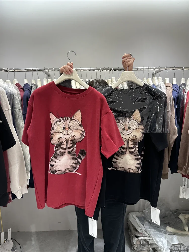 Heavy Industry Thick Cotton Short-sleeved T-shirt Women's Winter 2024 New Versatile Mid Length Bead Cartoon Cat Half-sleeved Top