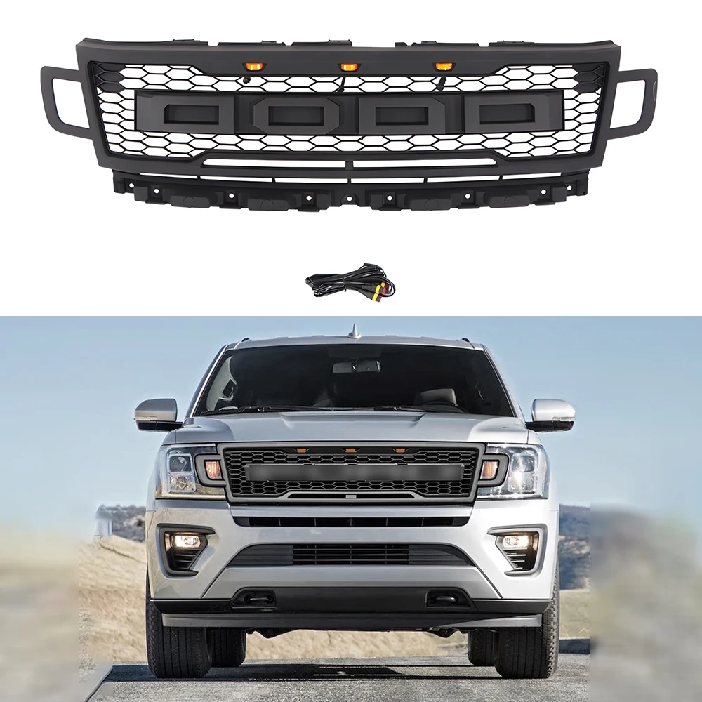 For Ford Expedition 2019-2022 Car Radiator Honeycomb Grille Front Bumper Mask Mesh Cover ABS Amber Led Racing Grills Upper Grid