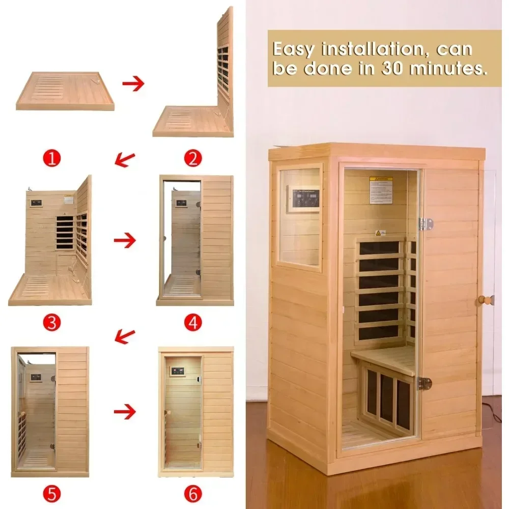 Sauna na podczerwień, Sauna na podczerwień dla domu na 1 osoby, z sauna wewnętrzna o mocy 1050 W, 2 głośniki Bluetooth, 1 lampka do czytania LED Sauna Room