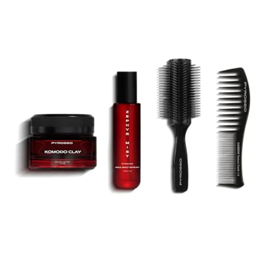 Set Profesional de Peinado de 4 Piezas con Spray de Sal Marina, Arcilla Capilar Texturizante, Peine y Cepillo para Volumen