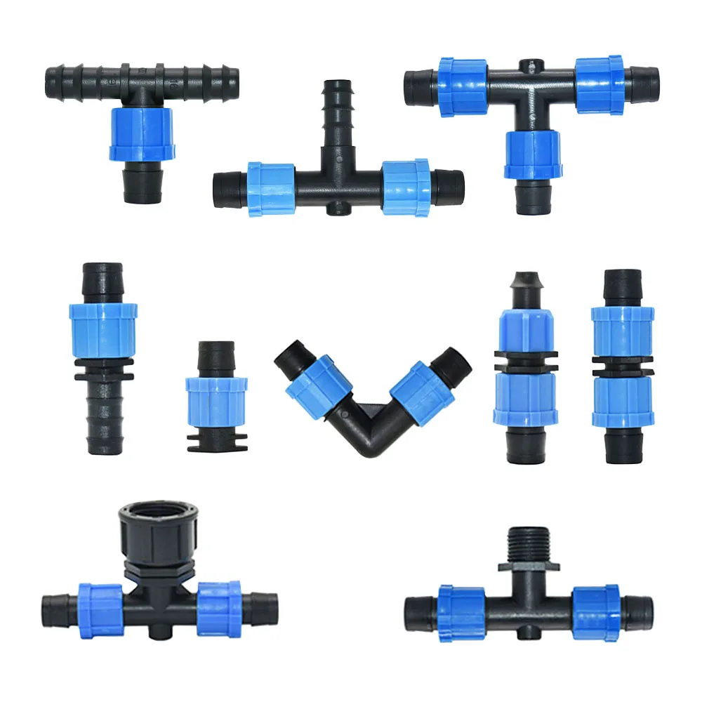 Accesorios de cinta de goteo de riego, conectores rectos de codo en T, tuerca de bloqueo, divisor de agua para granja e invernadero, 5/8 \