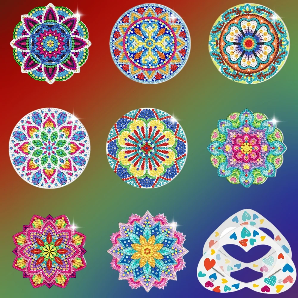 8pcs/set Round Mandala Coaster Diamond painted coasters Heat-resistant Mug Pot Glass Coaster Coffee Placemats Pad