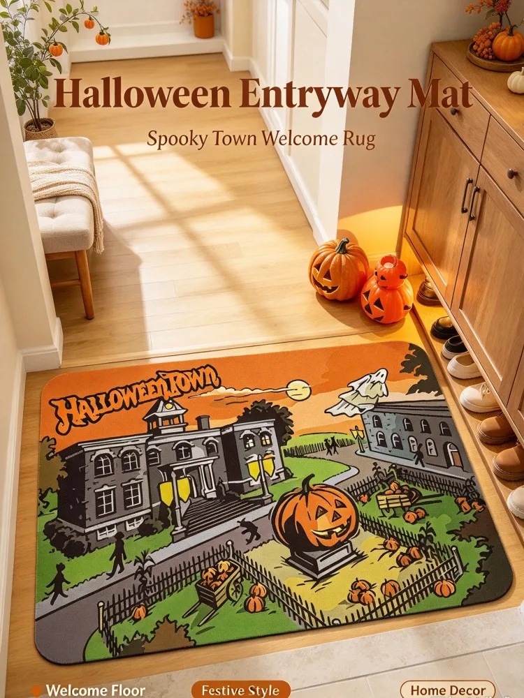 **Halloween Town Decorative Floor Mat, Spooky Ghost Town Area Rug, Soft Orange Black Carpet with Pumpkin Ghost for Bathroom Entr
