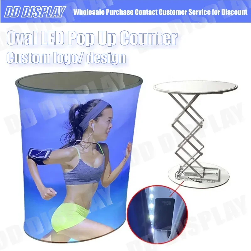 DD Hot Sale Promotional Customized LED Automatic Folding Hydraumatic Display Table Tradeshow Counter  Stand with LOGO Banner