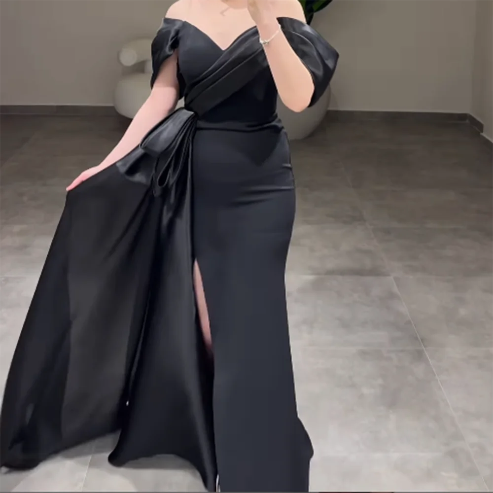 Ccstomized สีดํา A-Line ชุดราตรียาว V คอครึ่งแขนชุดราตรีแฟชั่นจีบ Draped เซ็กซี่ Backless