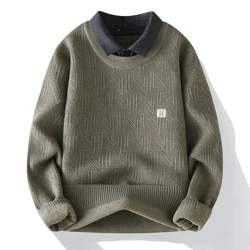 

Высококачественный мужской трикотаж с длинными рукавами, ложный двухсекционный рубашечный воротник с геометрическим узором, новый зимний пуловер, модные повседневные мужские топы