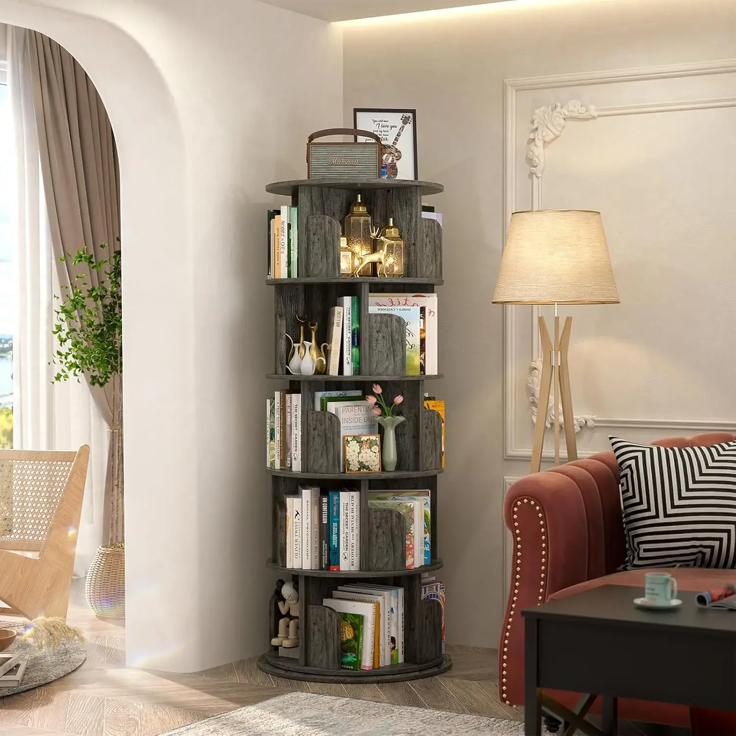 Rotating Bookshelf, 360 Display Wood Spinning Bookshelf Tower, 5 Tier Floor Standing Bookcase Storage Rack, Revolving B