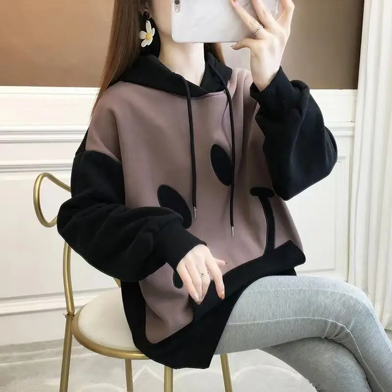 Fashion Spliced Pockets Embroidery Hoodies Sweatshirts Female Clothing 2023 Winter Loose Korean Tops Casual Warm Sweatshirts