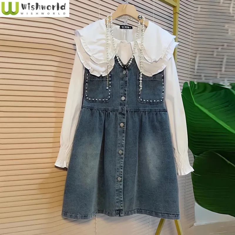 Spring and Autumn Women's Set Season New Korean Edition Simple Doll Neck Shirt Denim Age Reducing Dress Two Piece Set