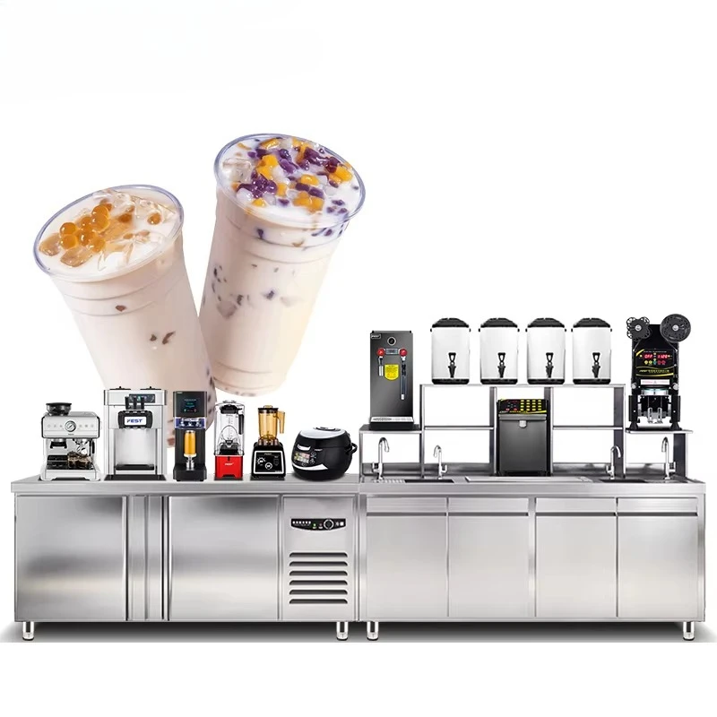 

Beverage Shop Stainless Steel Boba Tea Station Customized Chiller Freezer Sink Milk Tea Table Bubble Tea Bar Counter