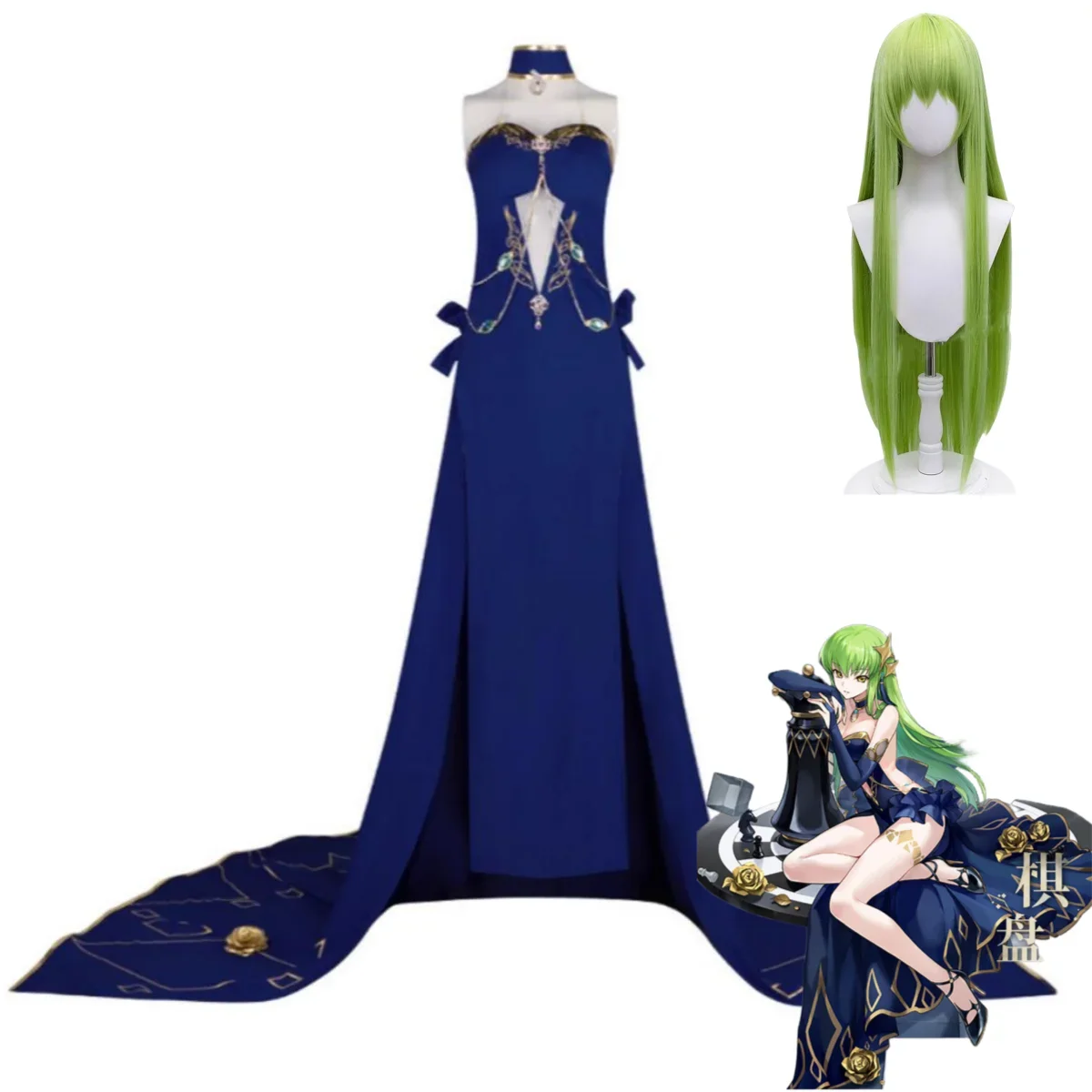 Anime CODE GEASS Lelouch of The Rebellion C.C.Cosplay Costume Chessboard Party Gown Emperor Dress Wig Woman Sexy Carnival Suit