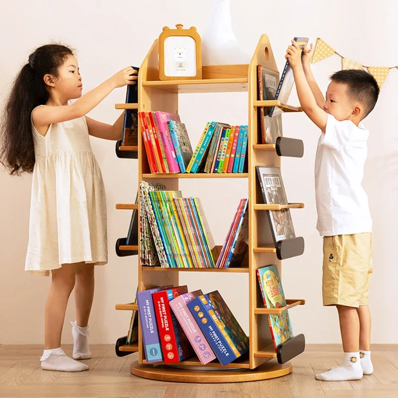 

Kids Rotating Bookshelf Display Cabinet Solid Wood Small Floor Stand Multi-layer Bookcase Baby Picture Book Shelf Furniture WKBC