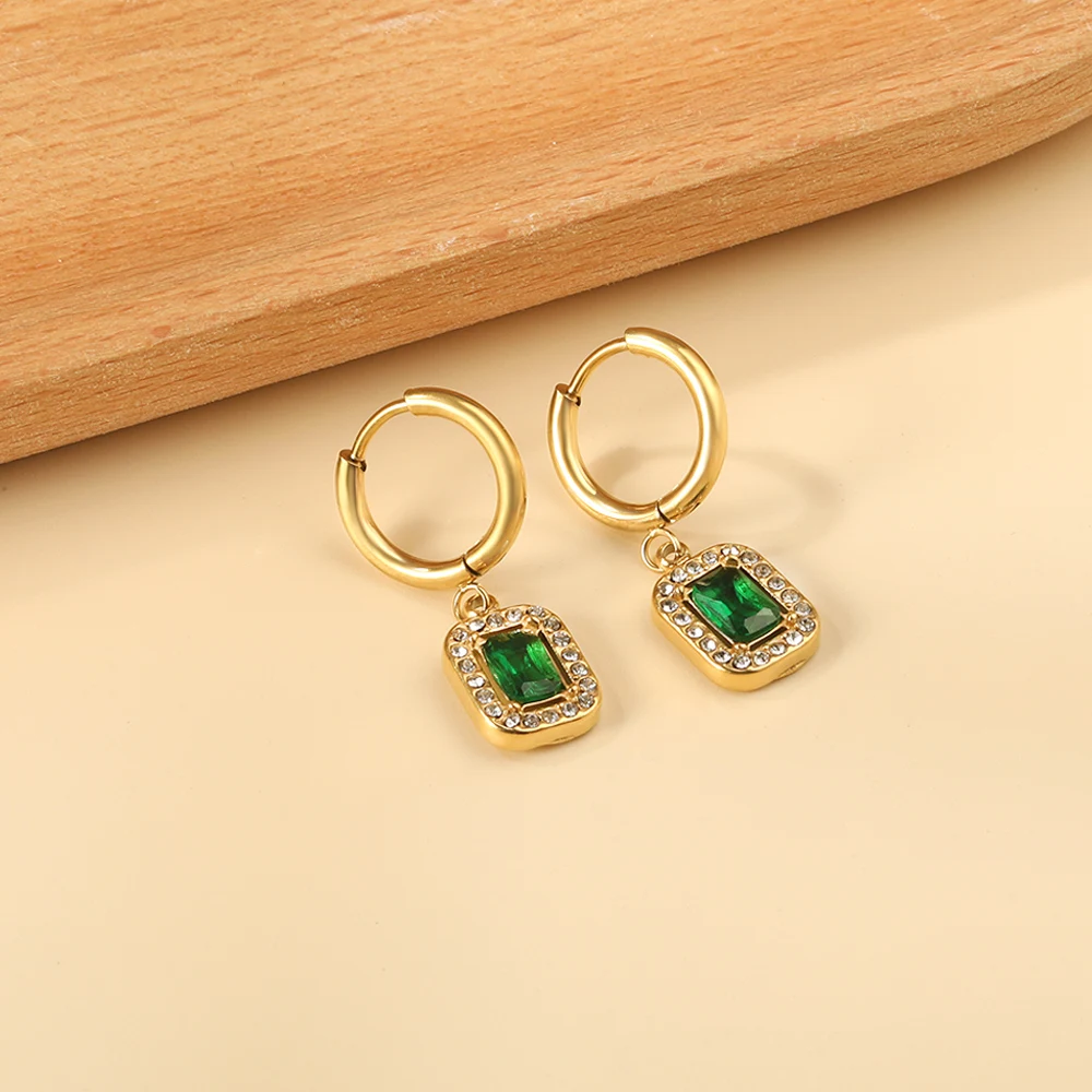 LUXUSTEEL Vintage Green Rhinestone Crystal Hoop Earrings For Women Girls Geometric Triangle Round  Earrings Bridal Wedding Party