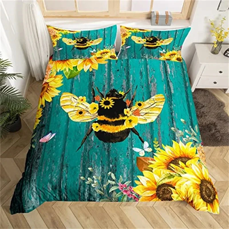 Flying Wild Animal Duvet Cover Honeycomb Bedding Set Microfiber Cute Bee Flower Quilt Cover Geometric Hexagon Beehive Bedclothes