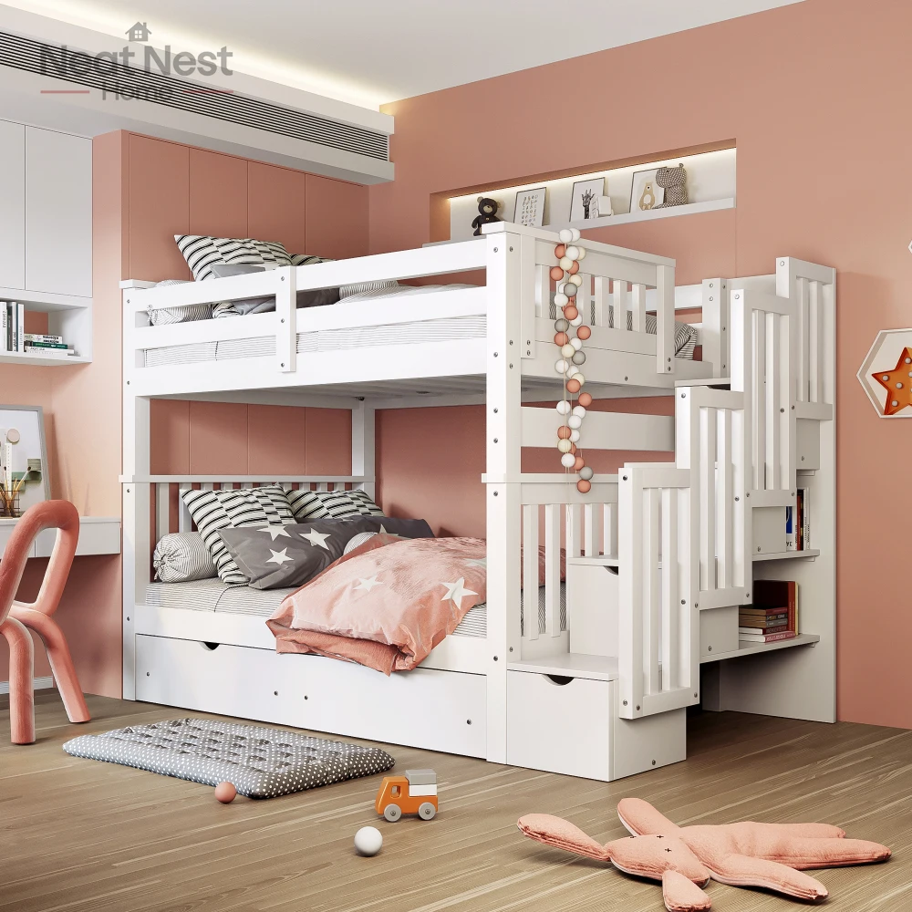 

Full Bed Furniture,Full Over Full Bunk Bed with Shelves and 6 Storage Drawers, Gray, Easy To Assembly,Bedroom furniture