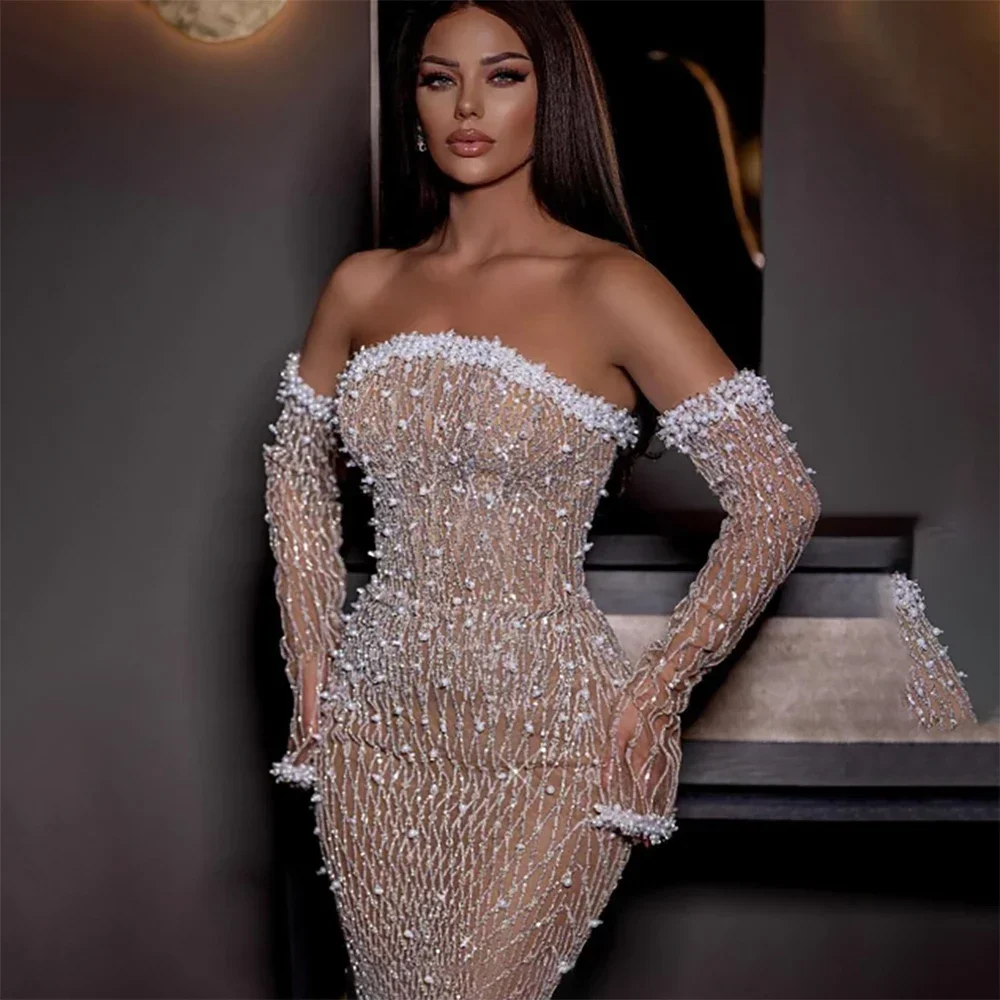 Serene Hill 2025 Elegant Nude Arabic Strapless Evening Gown Beaded Dress with Gloves for Formal Occasion Customize LA72649